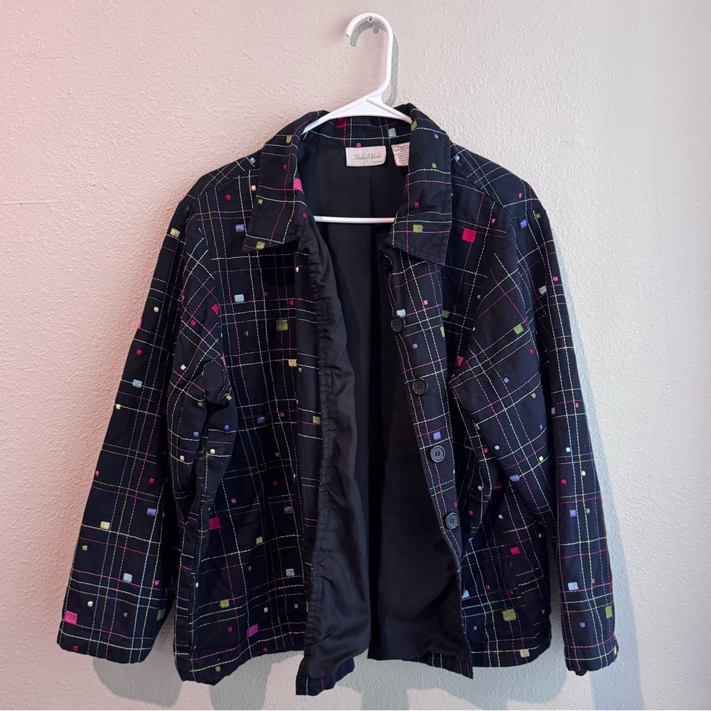 Style Works Vintage Black Quilted Jacket with Embroidered Multicolor Accents